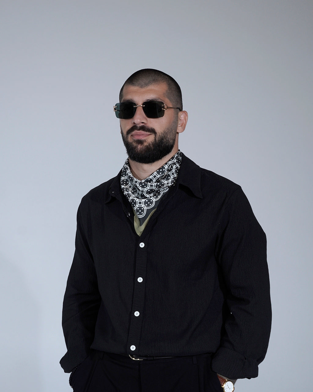Black & Olive Sword & Shield Silk Pocket Square