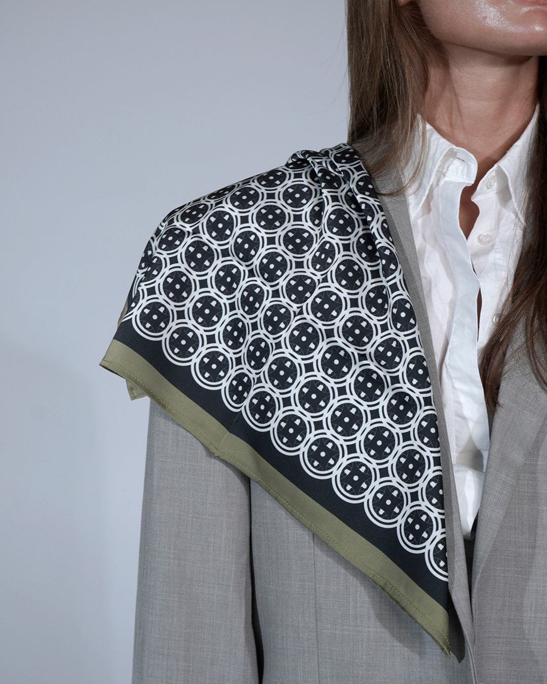 Black & Olive Sword & Shield Silk Pocket Square