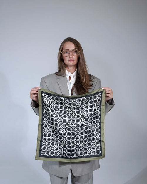 Black & Olive Sword & Shield Silk Pocket Square
